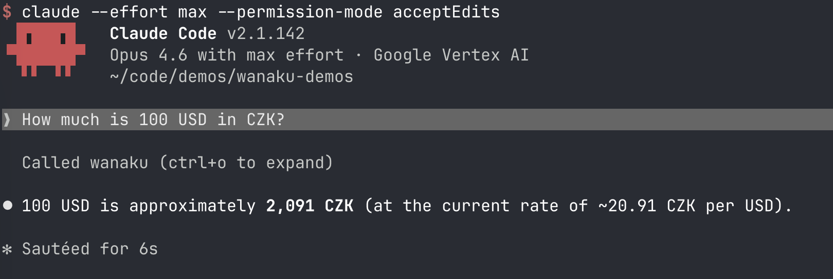 Screenshot of Claude Desktop successfully calling the Wanaku currency conversion tool to convert 100 USD to CZK, showing the AI agent's response with the exchange rate result